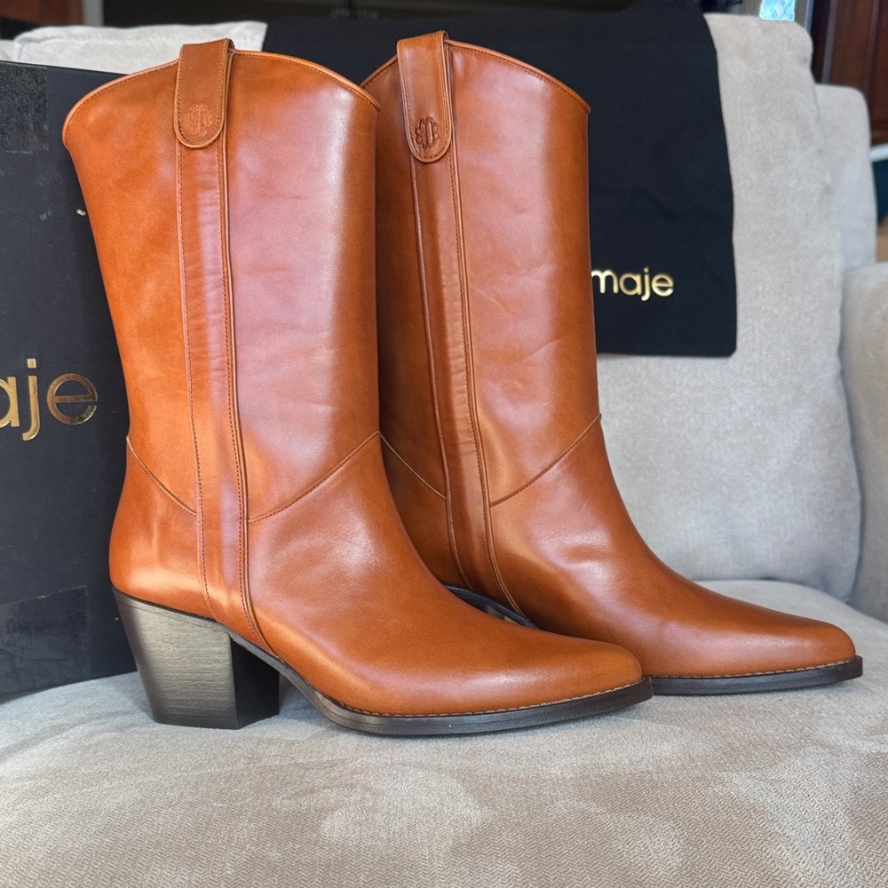 Maje Women's Brown Heeled mid rise Boots 37 7 leather camel